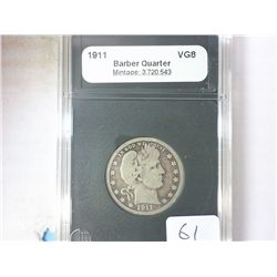 1911 BARBER QUARTER COIN WORLD (VERY GOOD 8)