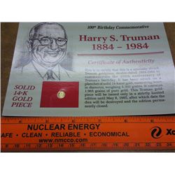 SOLID 14KT GOLD HARRY S. TRUMAN TOKEN