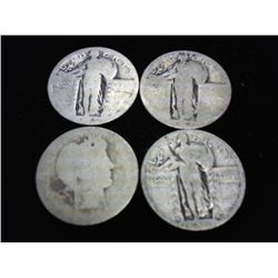 4 NO DATE SILVER QUARTERS 1-BARBER & 3-SLQ'S