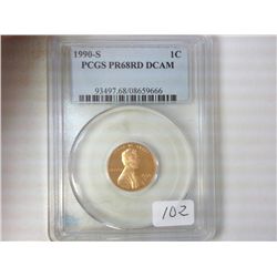 1990-S LINCOLN CENT PCGS PR68RD DCAM