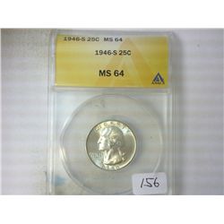 1946-S WASHINGTON QUARTER ANACS MS64