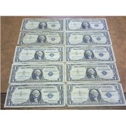 10 ASSORTED 1957 $1 SILVER CERTIFICATES