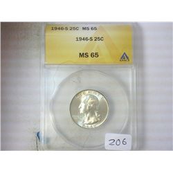 1946-S WASHINGTON QUARTER ANACS MS65
