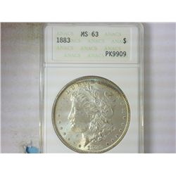 1883 MORGAN SILVER DOLLAR ANACS MS63