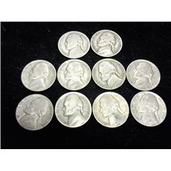 10 ASSORTED 35% SILVER JEFFERSON WAR NICKELS