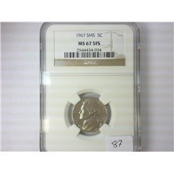 1967 SMS JEFFERSON NICKEL NGC MS67 5FS