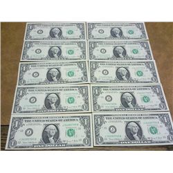 10 CONSECUTIVE NUMBERED 1969-D $1 FRN'S (UNC)