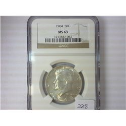 1964 SILVER KENNEDY HALF DOLLAR NGC MS63