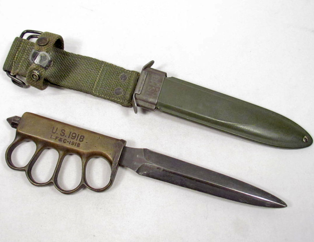 RARE US WW1 1918 L F & C BRASS KNUCKLE COMBAT TRENCH KNIFE W/ SCABBARD