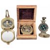 Image 1 : 2 Brass Compass' and Brass Sextant in Wood Box