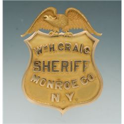 Fine 14K Gold Eagle & Shield Badge for Wm. H. Craig, Sheriff of Monroe County, New York by Oemisch..