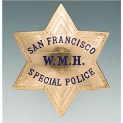 Fine Engraved and Enameled 14K Gold Personalized Six-Pointed Star Badge for W.M.H., San Francisco, S