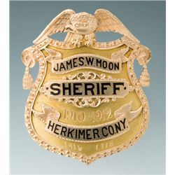 Fine Jeweler-Made Gold Eagle and Shield Badge for James W. Moon, Sheriff, Herkimer, Co., New York, 1