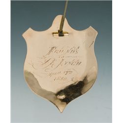 Fine 19th-Century Engraved and Enameled Gold Presentation Shield Pattern Badge to J.E.Lynch, Chief o