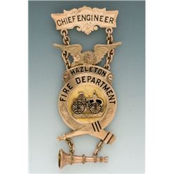 Fine Antique Jeweler-Made Multi-Element, Engraved and Enameled Gold Suspension Badge for Chief Engin