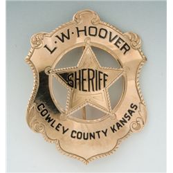 Gold and Enameled Shield Badge of L.W. Hoover, Sheriff of Cowley County, Kansas.... (Total: 1 Items)