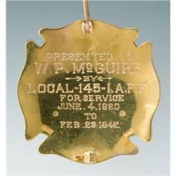 Fine 14-Karat Gold Badge of San Diego Fire Department Veteran W.P. McGuire, with 22 Years Service, M