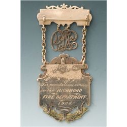 Fine and Elegant Jeweler-Made Gold Suspension Badge for Richmond, Virginia, Fire Department, Present