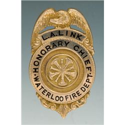 Solid Gold and Enameled Eagle & Shield Badge for L.A. Link, Honorary Chief, Waterloo Fire Department