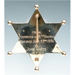 Excellent Engraved Gold and Enameled Six-Pointed Star Pattern Presentation Badge to John White, Badg