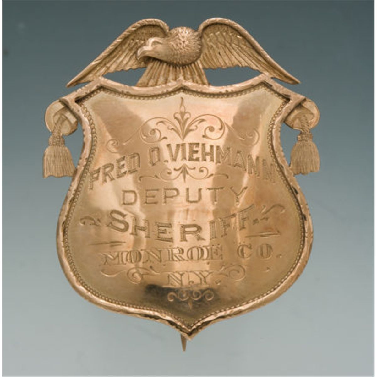 Unique and Finely Engraved Antique Gold Eagle & Shield Pattern Badge