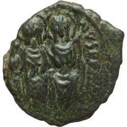 Impero Bizantino.    Giustino II (565-578). Mezzo follis, Thessalonica. D/ Giustino e Sofia seduti d