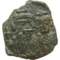 Impero Bizantino.    Costante II (641-668). Mezzo follis, Siracusa. D/ Busti frontali di Costante II