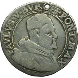 Monete e Medaglie di Zecche Italiane.   Ferrara. Paolo V (1605-1621). Testone 1620.   M.214. AG.    