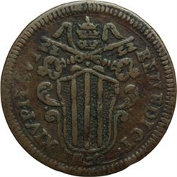 Monete e Medaglie di Zecche Italiane.   Ferrara. Benedetto XIV (1740-1758). Baiocco 1746 A.VI.   M.2