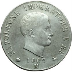 Monete e Medaglie di Zecche Italiane.   Milano. Napoleone I (1805-1814). 5 lire 1807, M. Cifre spazi