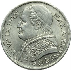 Monete e Medaglie di Zecche Italiane.   Roma. Pio IX  (1846-1870). 2 lire 1867, A. XXII.   Pag. 558.