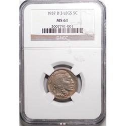 1937-D 3 Leg Buffalo Nickel NGC MS-61