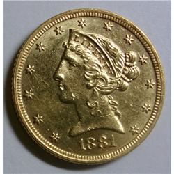 1881S $5  GOLD AU55