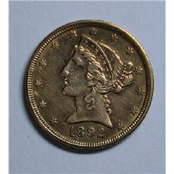 1892  $5 GOLD XF45
