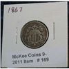 Image 1 : 169. 1867 U.S. Shield Nickel. G-4.