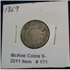 Image 1 : 171. 1869 U.S. Shield Nickel. VG-8.