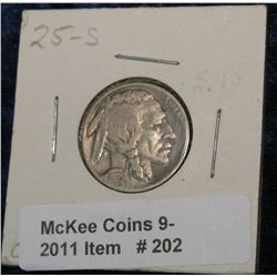 202. 1925 S Buffalo Nickel. VG-8.