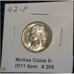 205. 1942 P Silver Jefferson War Nickel. Brilliant MS 65.