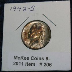 206. 1942 S Silver Jefferson War Nickel. Toned Unc.