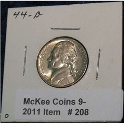 208. 1944 D Silver Jefferson War Nickel. UNC.