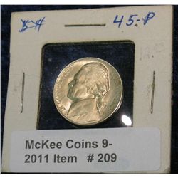 209. 1945 P Silver Jefferson War Nickel. Brilliant Unc.