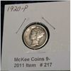 Image 1 : 217. 1920 P Mercury Dime. F-12.