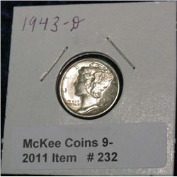 232. 1943 D Mercury Dime. Brilliant Unc.