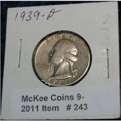 243. 1939 D Silver Washington Quarter. VG-8.