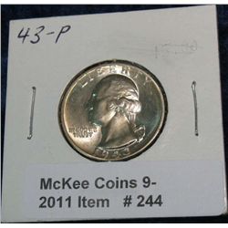 244. 1943 P Silver Washington Quarter. Brilliant MS 65.