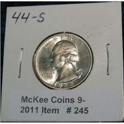 245. 1944 S Silver Washington Quarter. Brilliant MS 65.