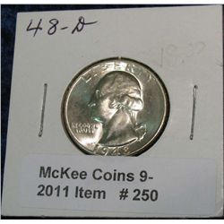250. 1948 D Silver Washington Quarter. Brilliant MS 65.