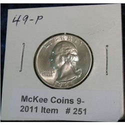 251. 1949 P Silver Washington Quarter. Brilliant MS 65.