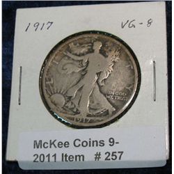 257. 1917 P Walking Liberty Half Dollar. VG-8.