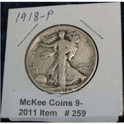 259. 1918 P Walking Liberty Half Dollar. VG-8.